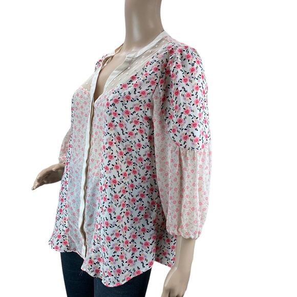 LC Lauren Conrad Women's Multicolor Floral 3/4 Sleeve V-Neck Blouse Top Size M - Picture 3 of 6